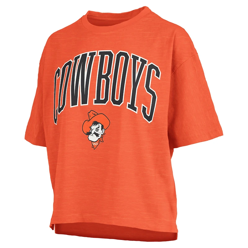 T-shirt surdimensionné orange Pressbox pour femme, avec logo Nelson Arch Over, longueur à la taille, des Cowboys de l'Oklahoma State
