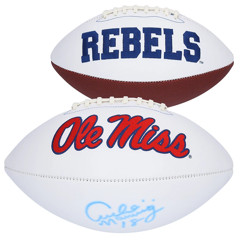 Ballon de football blanc dédicacé par Archie Manning des Ole Miss Rebels - Signé avec le numéro 18