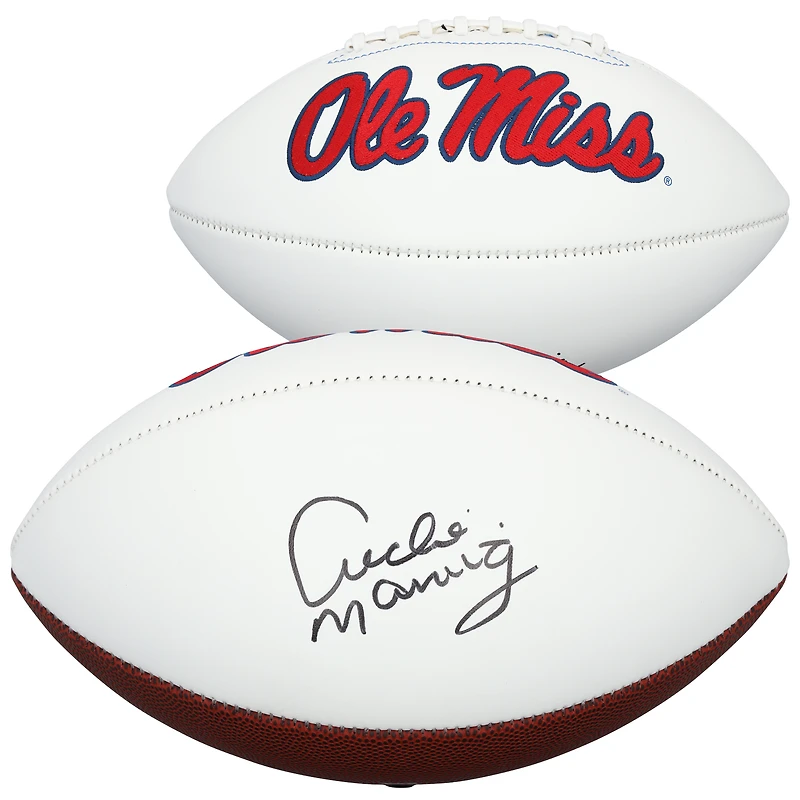Ballon de football blanc dédicacé par Archie Manning des Ole Miss Rebels - Signé avec le numéro 18