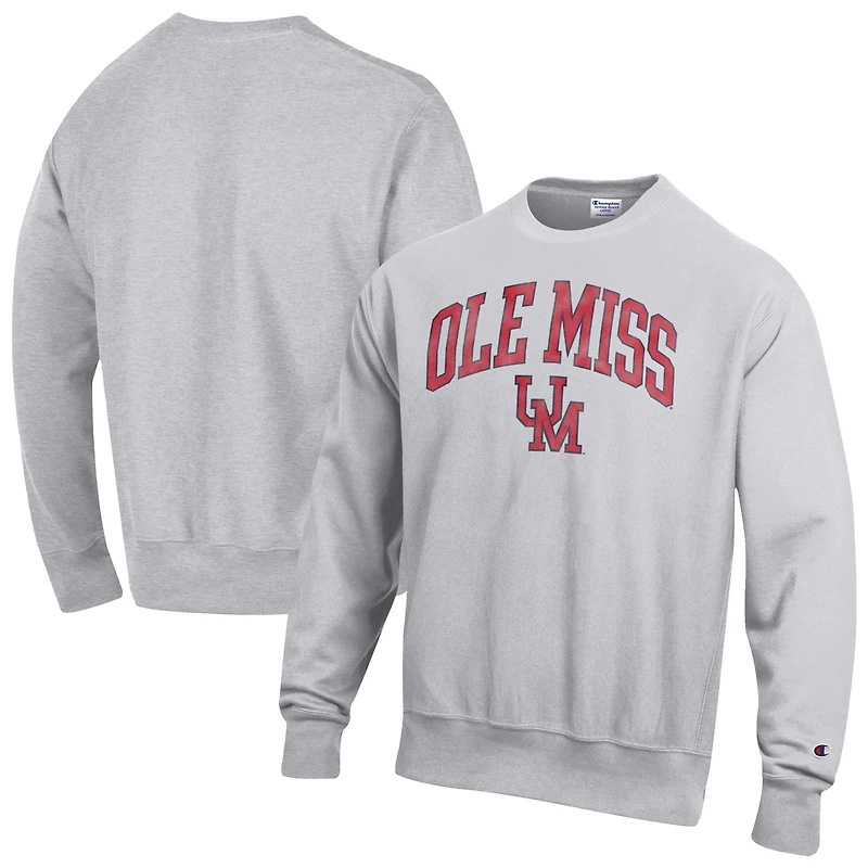 Men's Champion Gray Ole Miss Rebels Distressed Arch Over Logo Reverse Weave Crew Neck Sweatshirt