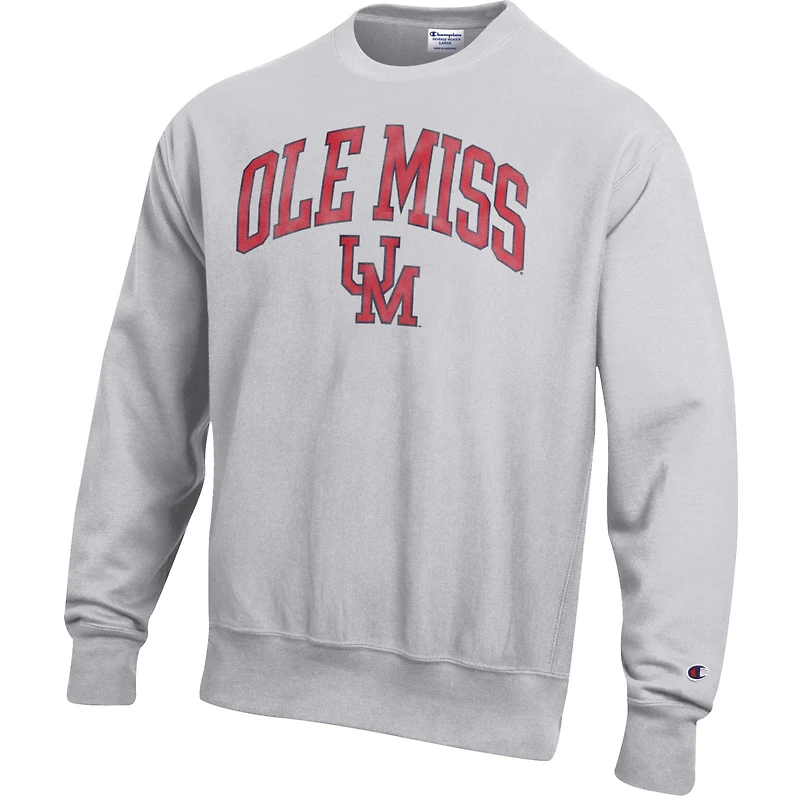 Men's Champion Gray Ole Miss Rebels Distressed Arch Over Logo Reverse Weave Crew Neck Sweatshirt
