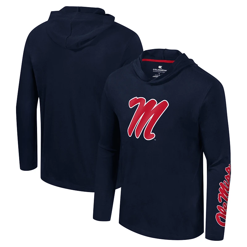 Men's Colosseum Navy Ole Miss Rebels Logo Lockup Active Blend Long Sleeve T-Shirt Hoodie