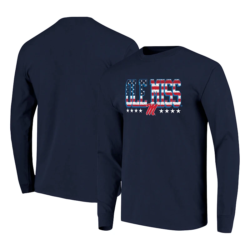 T-shirt à manches longues pour homme, bleu marine, Ole Miss Rebels, taille haute, avec drapeau.