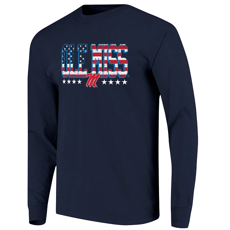 T-shirt à manches longues pour homme, bleu marine, Ole Miss Rebels, taille haute, avec drapeau.