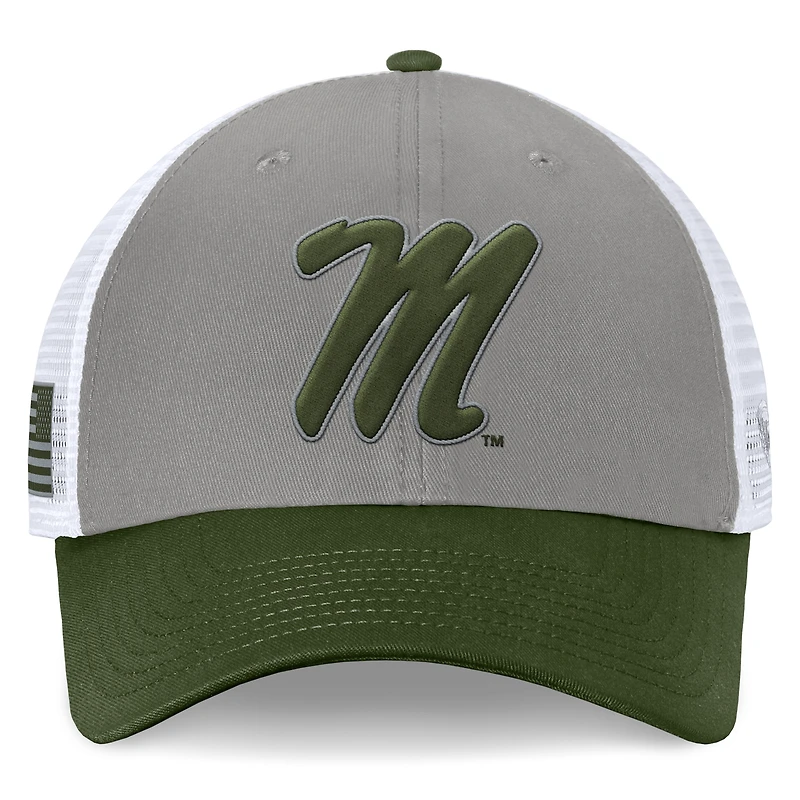 Men's Top of the World Gray/Green Ole Miss Rebels OHT Military Appreciation Badge Trucker Adjustable Hat