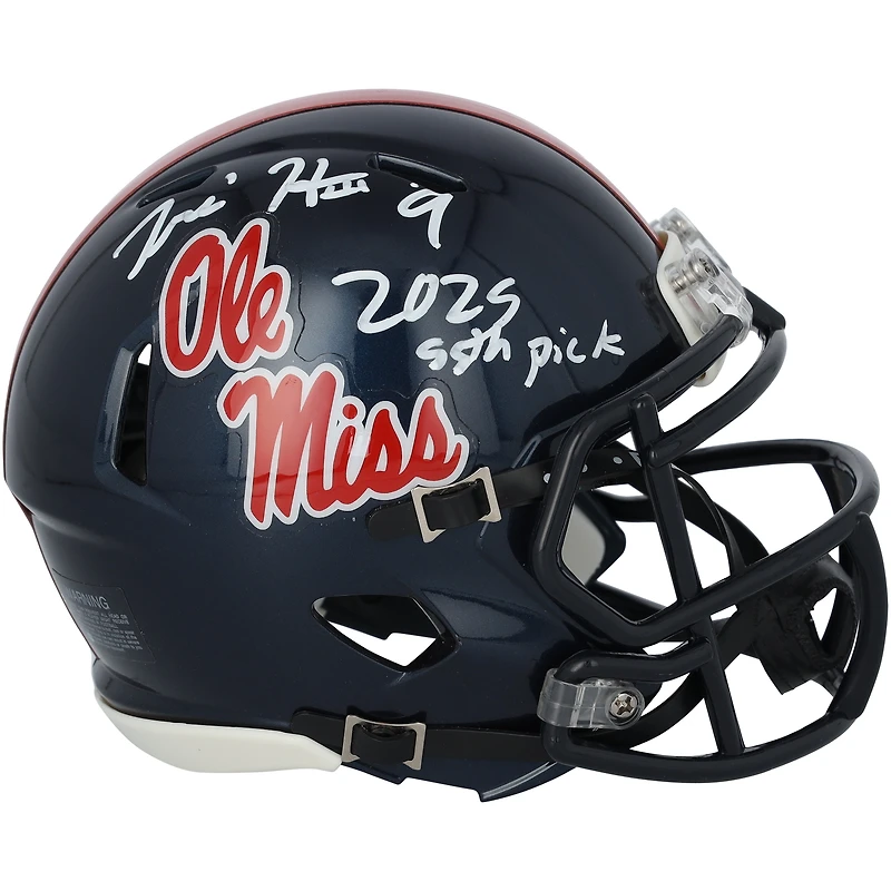 Casque Riddell Speed ​​Mini bleu marine dédicacé par Tre Harris des Ole Miss Rebels avec inscription « 2025 55th Pick »
