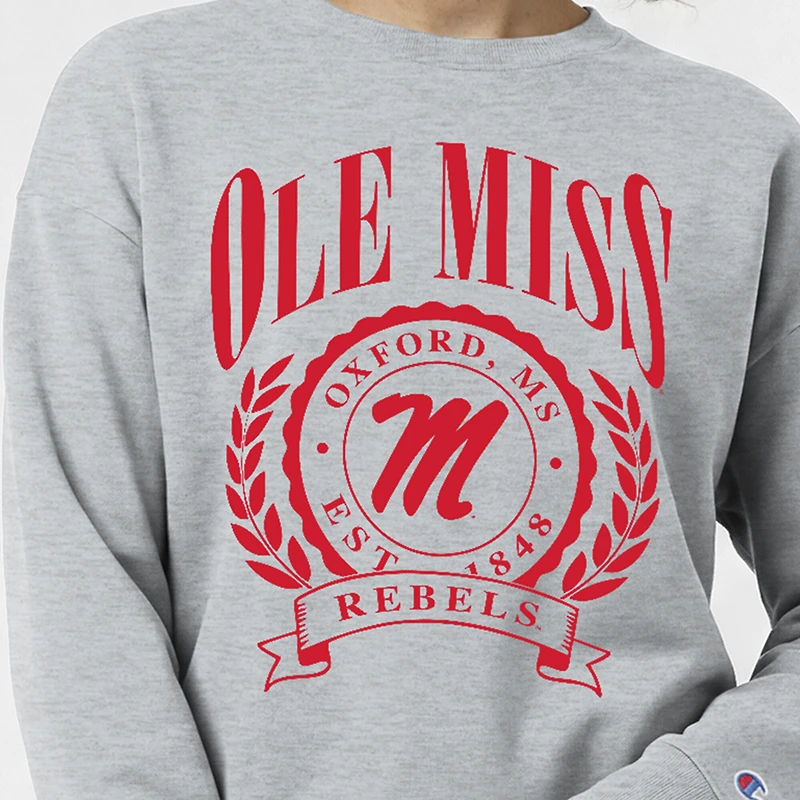 Women's Champion Heather Gray Ole Miss Rebels Academic Crest Powerblend Crewneck Sweatshirt