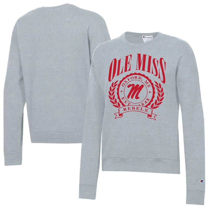 Women's Champion Heather Gray Ole Miss Rebels Academic Crest Powerblend Crewneck Sweatshirt