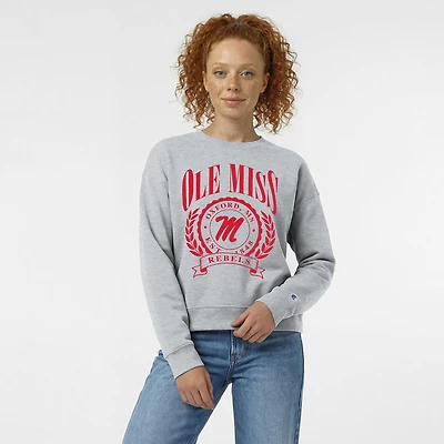 Women's Champion  Heather Gray Ole Miss Rebels Academic Crest Powerblend Crewneck Sweatshirt