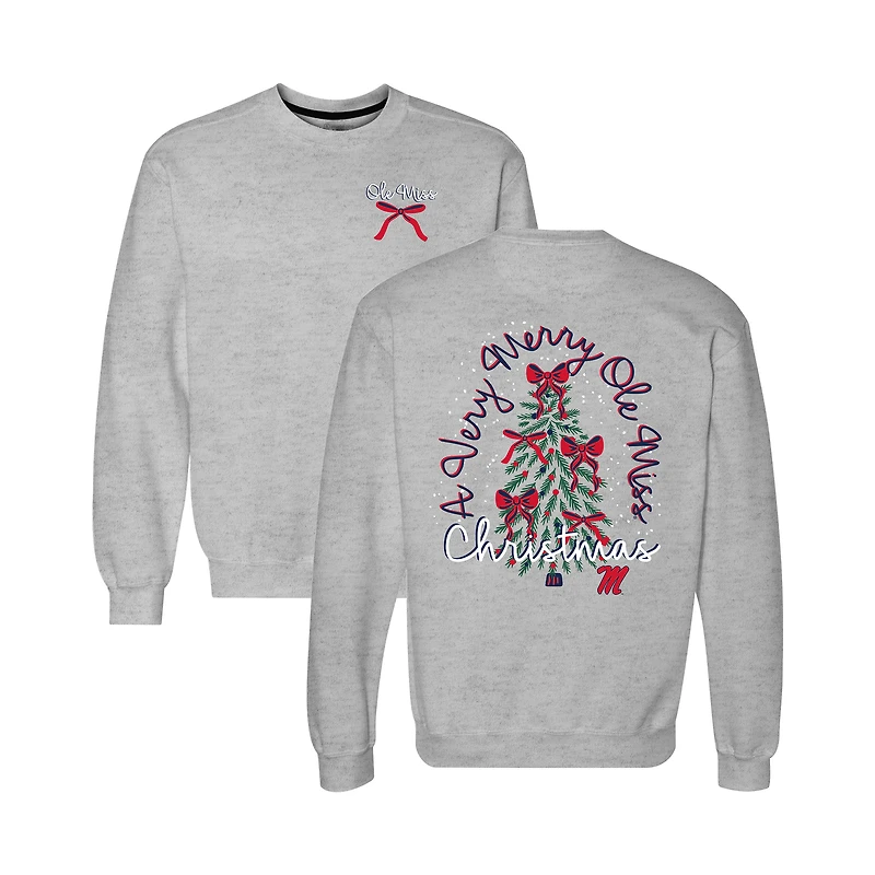 Women's  Heather Gray Ole Miss Rebels Classic Merry Christmas Tree Crewneck Sweatshirt