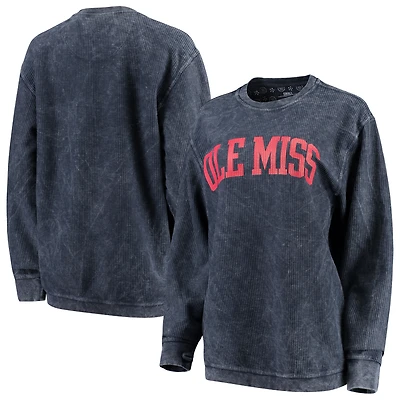 Women's Pressbox Navy Ole Miss Rebels Comfy Cord Vintage Wash Basic Arch Pullover Sweatshirt