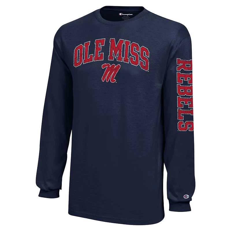 Youth Champion Navy Ole Miss Rebels Distressed Arch Over Logo Long Sleeve T-Shirt
