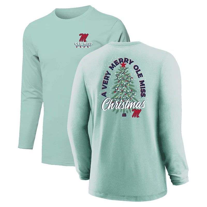 Youth  Light Green Ole Miss Rebels Merry Christmas Tree Long Sleeve T-Shirt