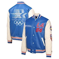 Veste universitaire Outerstuff pour homme, bleu roi/crème, édition spéciale Jeux olympiques d'été de Los Angeles 1984, fermeture à boutons-pression.