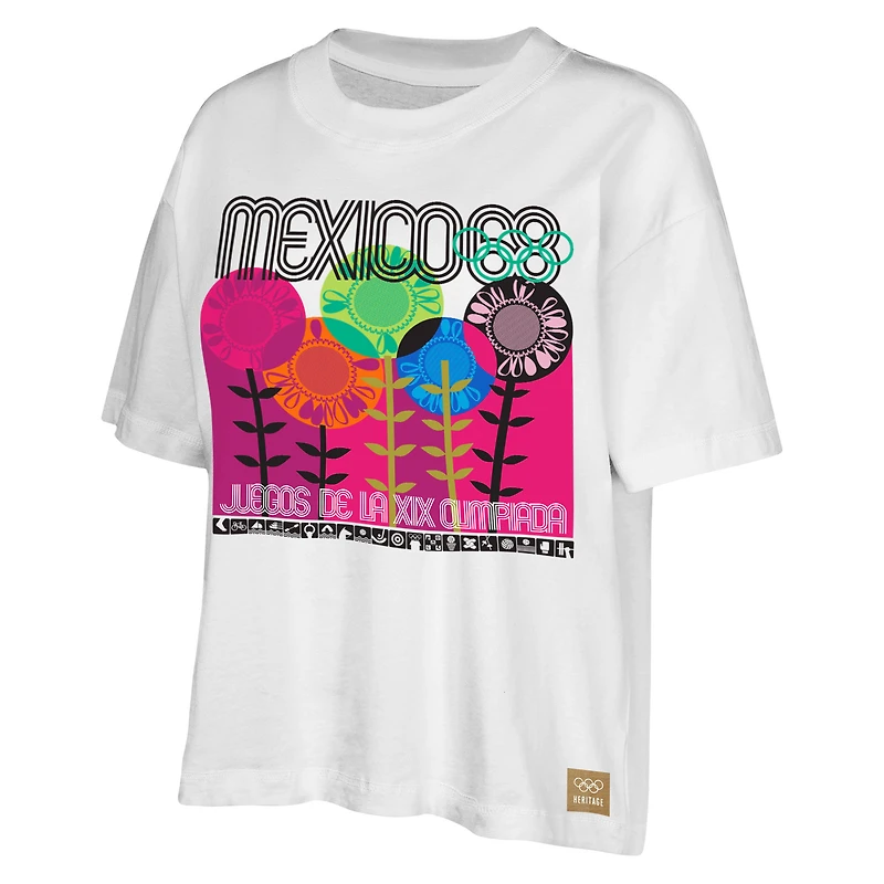 T-shirt blanc Outerstuff pour femmes, Mexique, Jeux olympiques d'été de 1968, lever soleil