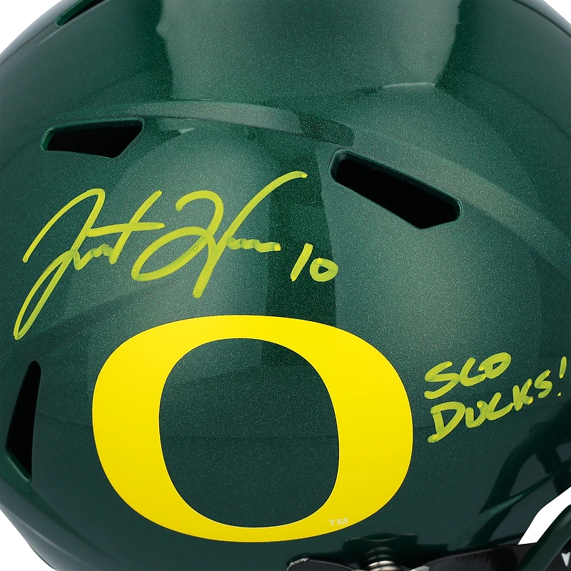Réplique du casque Riddell Speed autographié par Justin Herbert des Oregon Ducks avec l'inscription « Sco Ducks »