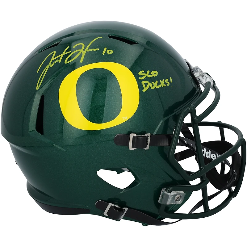 Réplique du casque Riddell Speed autographié par Justin Herbert des Oregon Ducks avec l'inscription « Sco Ducks »