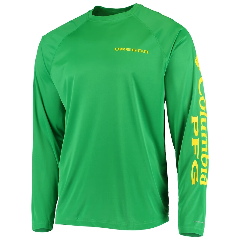 Men's Columbia Green Oregon Ducks Terminal Tackle Omni-Shade Raglan Long Sleeve T-Shirt