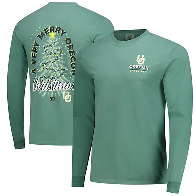 Men's  Green Oregon Ducks Comfort Colors Merry Christmas Tree Long Sleeve T-Shirt