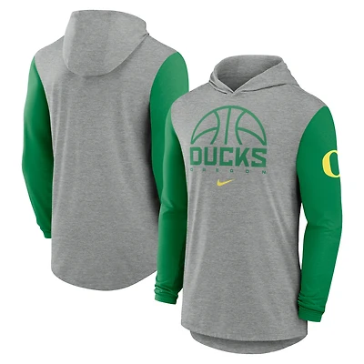 Men's Nike Gray/Green Oregon Ducks Basketball Color-Block Tri-Blend Dri-FIT Long Sleeve Hoodie T-Shirt