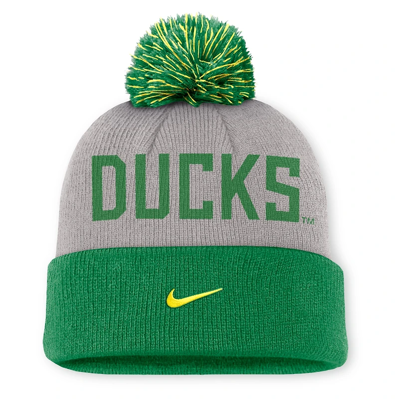 Men's Nike Gray/Green Oregon Ducks Primetime Peak Cuffed Knit Hat with Pom
