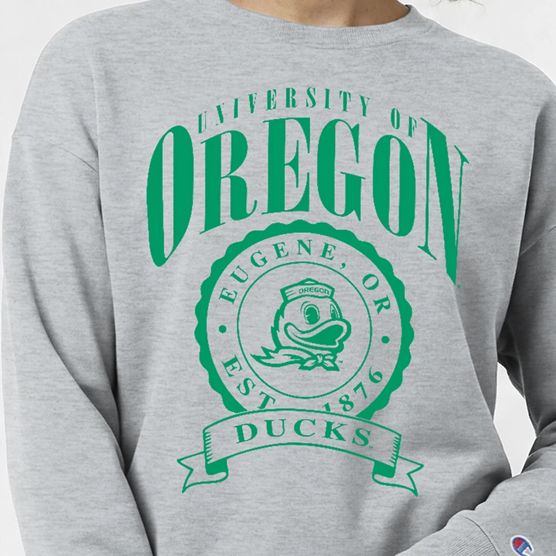 Women's Champion Heather Gray Oregon Ducks Academic Crest Powerblend Crewneck Sweatshirt