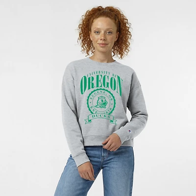 Women's Champion Heather Gray Oregon Ducks Academic Crest Powerblend Crewneck Sweatshirt