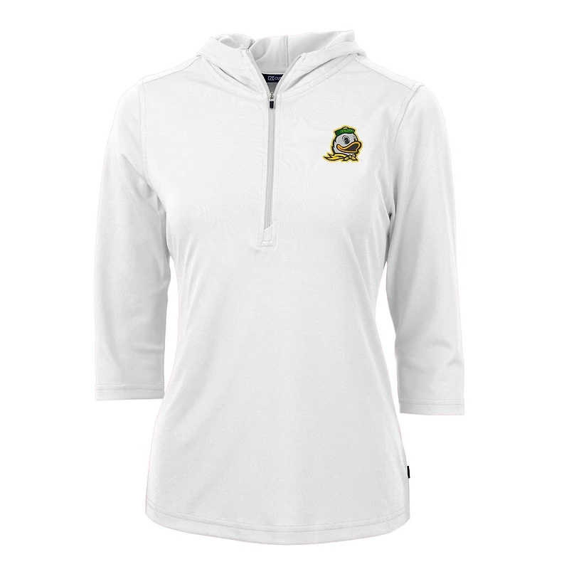 Sweat à capuche manches 3/4 et demi-zip pour femme, blanc, Cutter & Buck, Oregon Ducks, Virtue Eco Pique