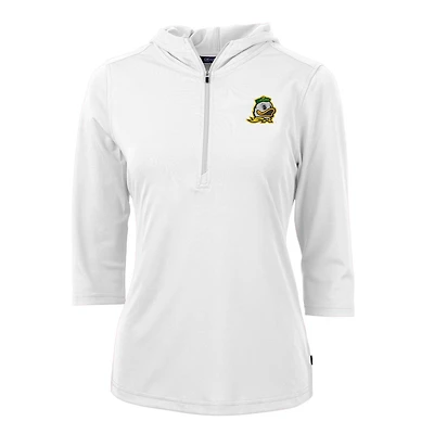 Sweat à capuche manches 3/4 et demi-zip pour femme, blanc, Cutter & Buck, Oregon Ducks, Virtue Eco Pique