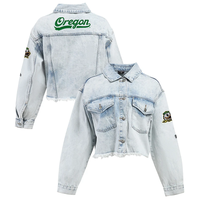 Veste courte en jean boutonnée délavée Hype and Vice Denim Oregon Ducks pour femme