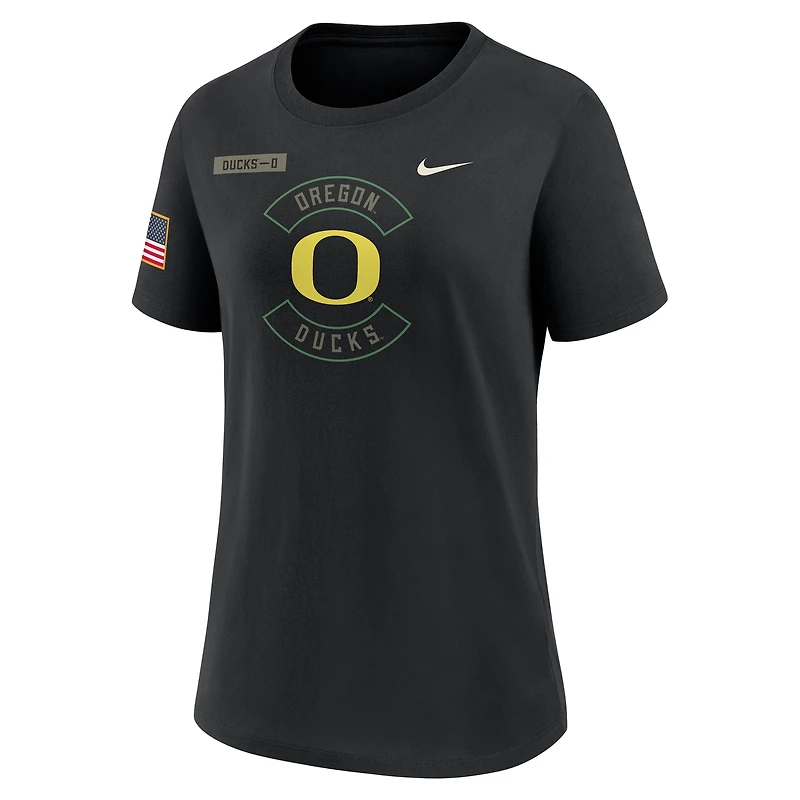 T-shirt Nike Dri-FIT noir pour femme, Oregon Ducks 2025, appréciation militaire