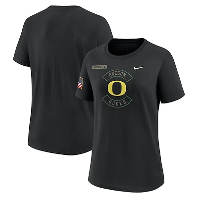 T-shirt Nike Dri-FIT noir pour femme, Oregon Ducks 2025, appréciation militaire