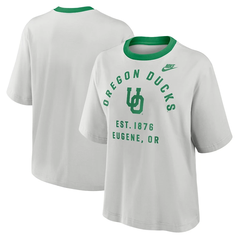 T-shirt Nike gris Oregon Ducks Legacy Arch Script Boxy pour femme