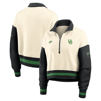 Pull court à col zippé Nike Oregon Ducks pour femme, coloris naturel/noir, oversize Legacy Color Block.