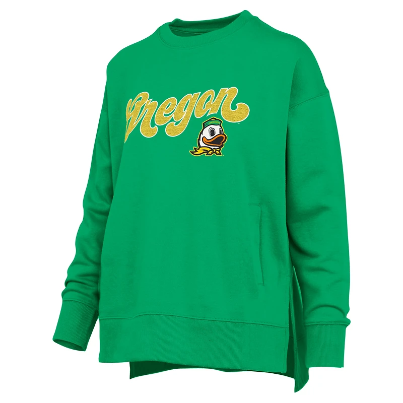 Women's Pressbox Green Oregon Ducks Bonanza Chenille Harper Script Sweatshirt