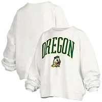 Women's Pressbox White Oregon Ducks Janise Arch Over Logo Waist Length Oversized Pullover Sweatshirt