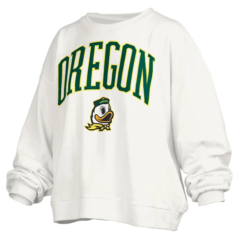 Women's Pressbox White Oregon Ducks Janise Arch Over Logo Waist Length Oversized Pullover Sweatshirt