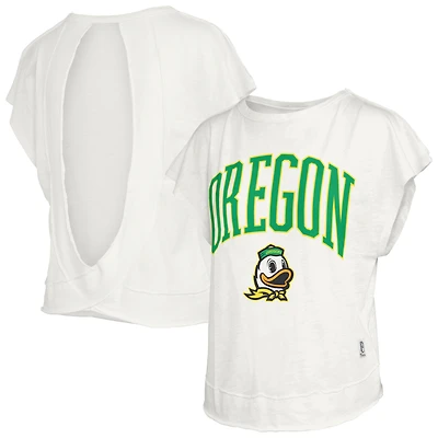 T-shirt Pressbox blanc pour femmes, motif Nelson Movement, dos ouvert, en jersey flammé, Oregon Ducks.