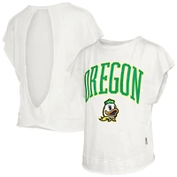 T-shirt Pressbox blanc pour femmes, motif Nelson Movement, dos ouvert, en jersey flammé, Oregon Ducks.