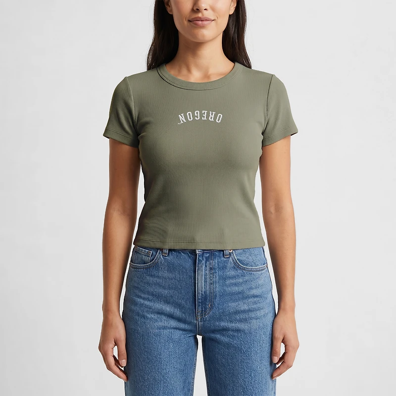 Women's Uscape Apparel  Green Oregon Ducks Upside Down Embroidery Ribbed Cropped T-Shirt