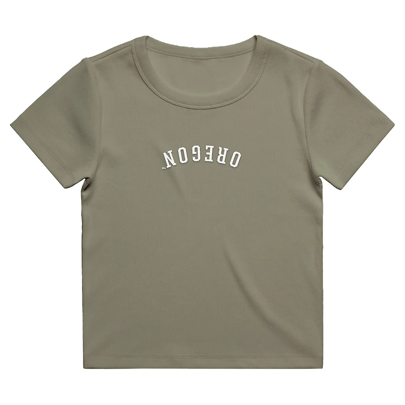 Women's Uscape Apparel  Green Oregon Ducks Upside Down Embroidery Ribbed Cropped T-Shirt
