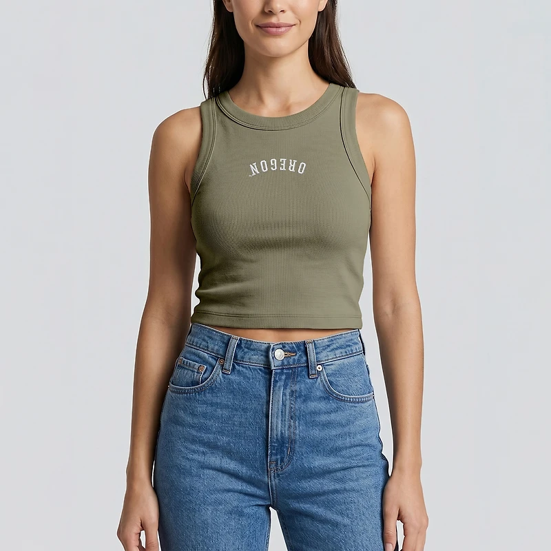Women's Uscape Apparel Green Oregon Ducks Upside Down Embroidery Ribbed Cropped Tank Top