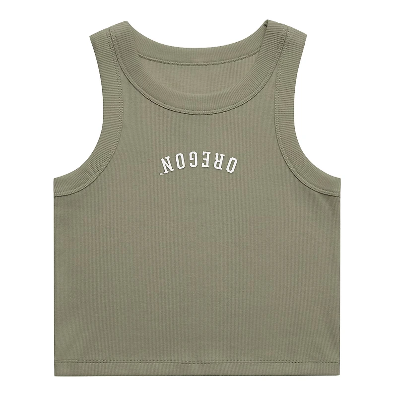 Débardeur court côtelé Uscape Apparel pour femme, motif canards de l'Oregon verts brodés à l'envers