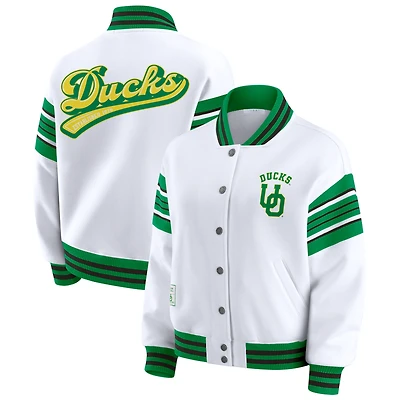 Veste sweat-shirt en polaire à boutons-pression et point satin blanc/vert des Oregon Ducks pour femme par Erin Andrews