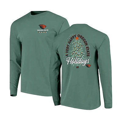Men's  Green Oregon State Beavers Comfort Colors Merry Christmas Tree Long Sleeve T-Shirt