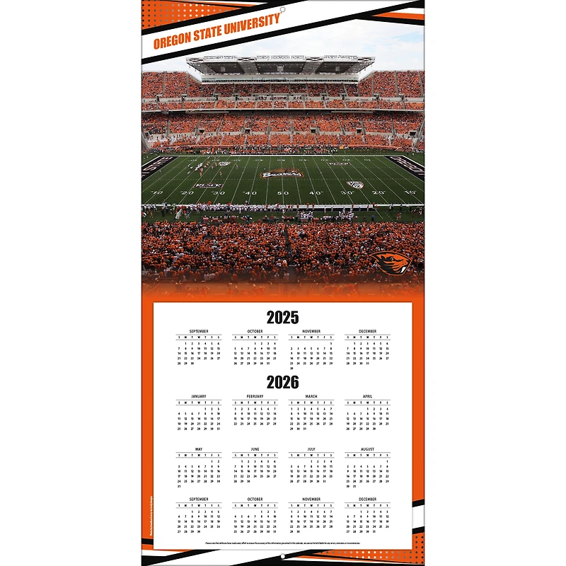 Calendrier mural 2026 des Oregon State Beavers (12 x 12 po)