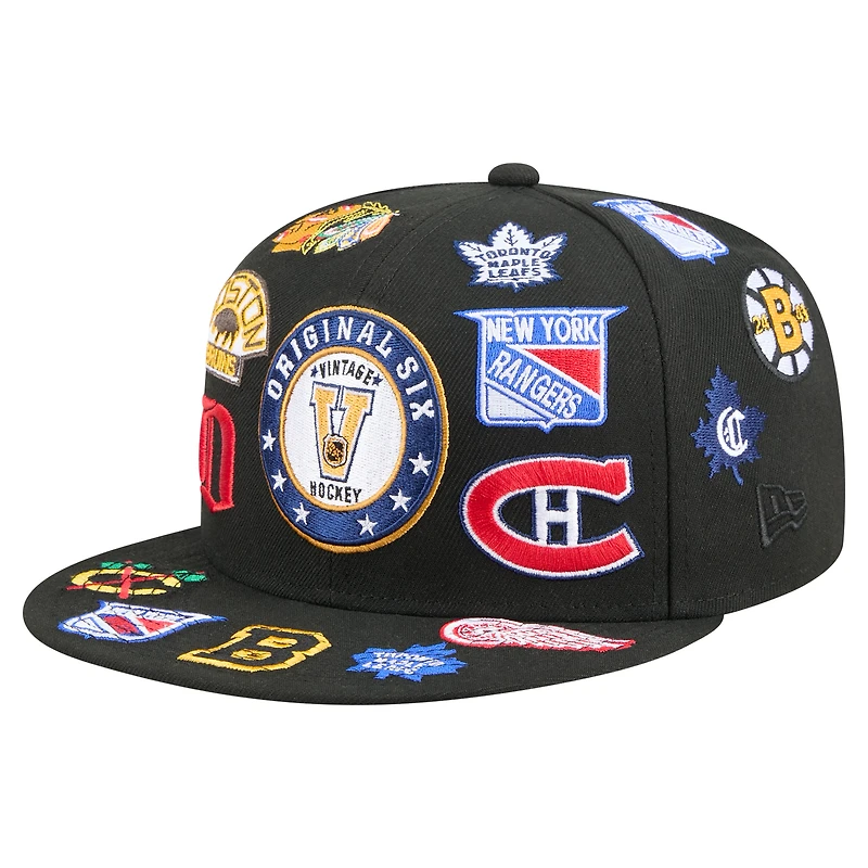 Casquette snapback New Era noire Original 9FIFTY pour homme avec 6 logos
