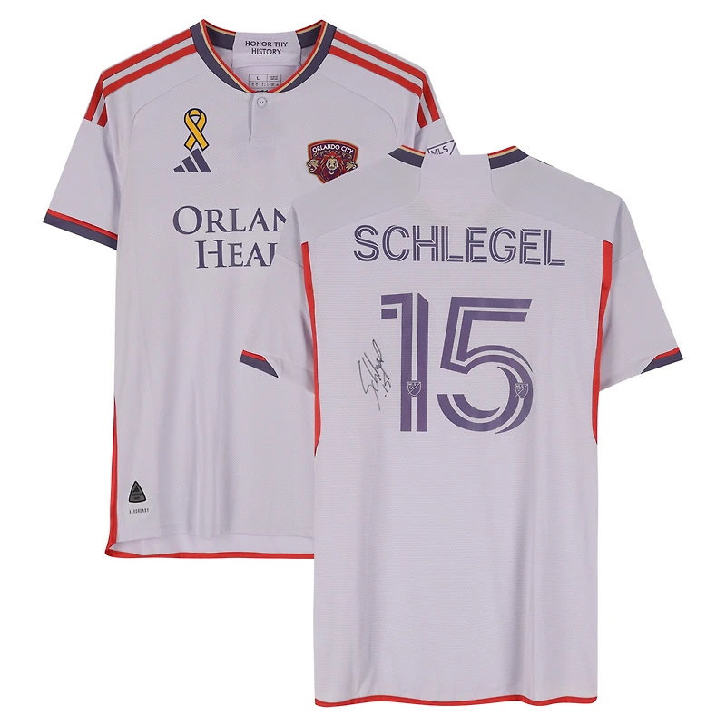 Maillot adidas violet clair dédicacé par Rodrigo Schlegel pour Orlando City SC, numéro 15, saison 2024 de la MLS - Taille L