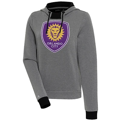 Women's Antigua  Black/White Orlando City SC Axe Bunker Tri-Blend Pullover Hoodie