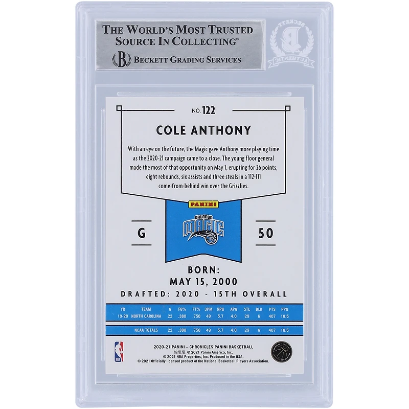 Carte de recrue authentifiée autographiée Cole Anthony Orlando Magic 2020-21 Panini Chronicles #122 Beckett Fanatics